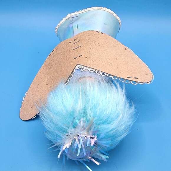 Vintage 1960s Blue Hair Angel Tree Topper Iridescent Gown Tinsel Halo Retro Xmas - Picture 8 of 12